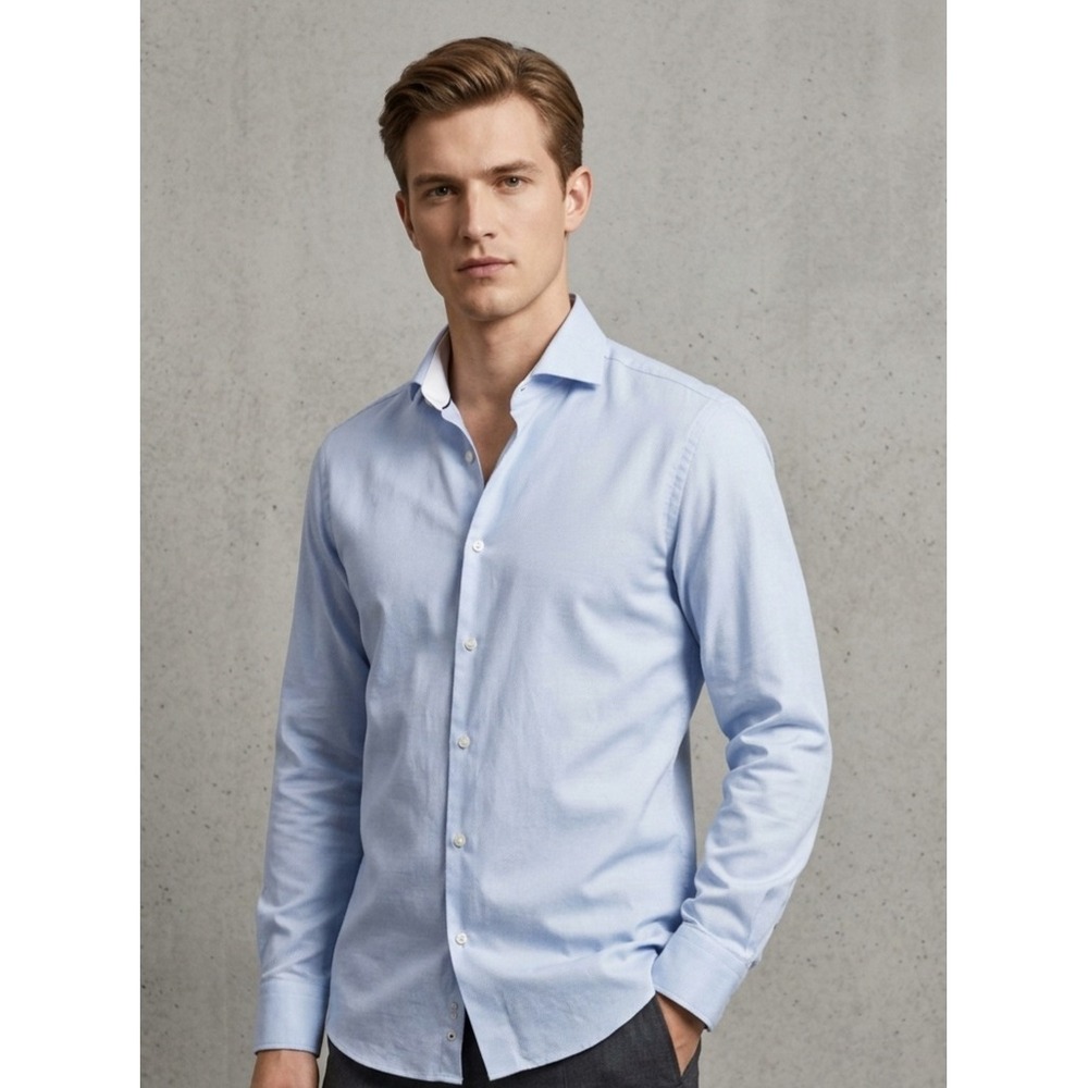BOSS Jason Slim Fit Light Blue Textured Cotton Blend Dress Shirt 16.5 42